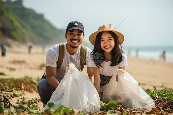 妇女清理沙滩垃圾图片