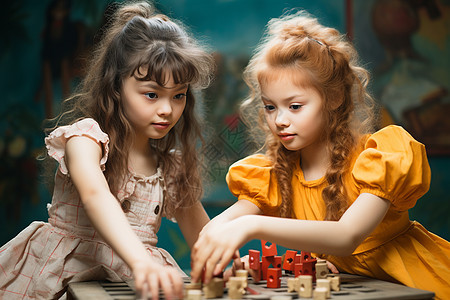 女孩在房间内下棋图片