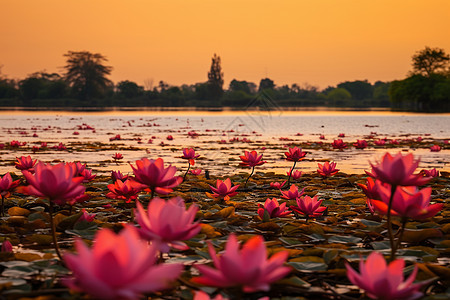 湖上的红莲盛开图片