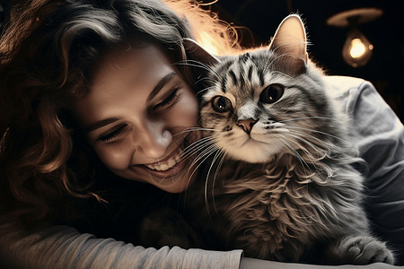 微笑女人拥抱着猫咪图片