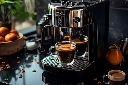 杯子接住咖啡机里的咖啡背景图片