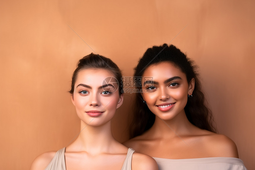 双女模特展示品牌服装墙上印有色块背景图片