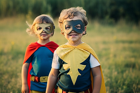 孩子穿着超级英雄服装站在草地上图片