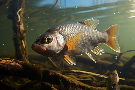 清澈池塘中游动的一条鱼背景图片