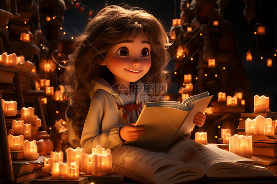 蜡烛旁读书的女孩图片