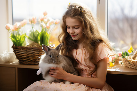 抱兔子的小女孩抱着兔子的小女孩背景