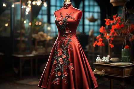 深红色古典旗袍图片