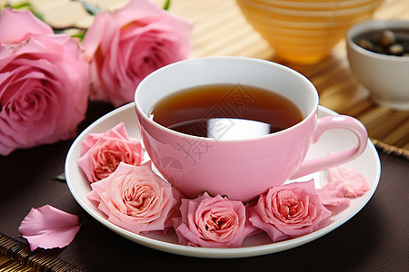 茶杯边的粉色玫瑰图片