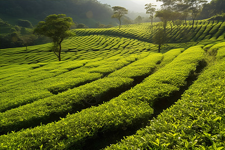 梯田茶园绿油油的户外茶园背景