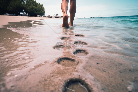 沙滩上海水冲刷的脚印图片