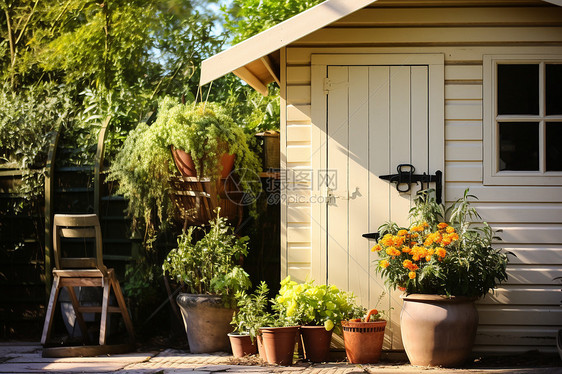 惬意的木桌花房小屋图片