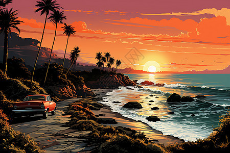 夕阳下的海边公路插图背景图片