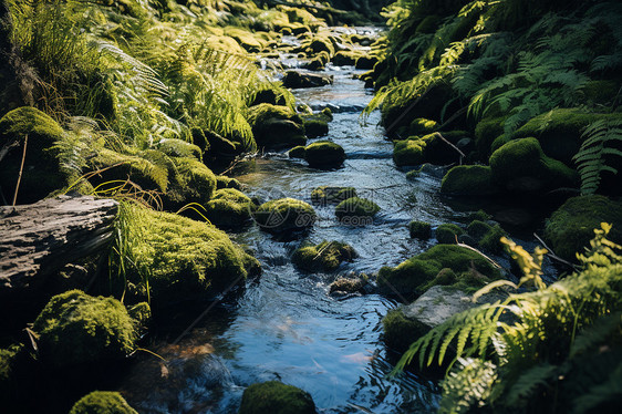 夏季森林中的小溪流景观图片
