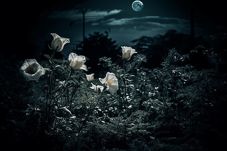 夜晚花园中美丽的花朵背景图片