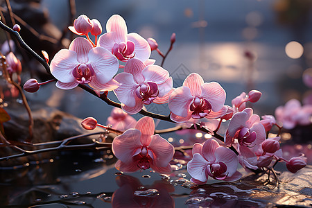 夏季池塘边盛开的美丽樱花图片