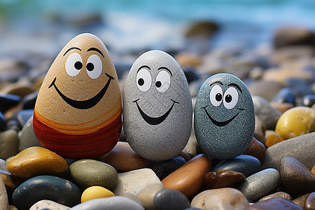 沙滩上欢乐表情的石头图片