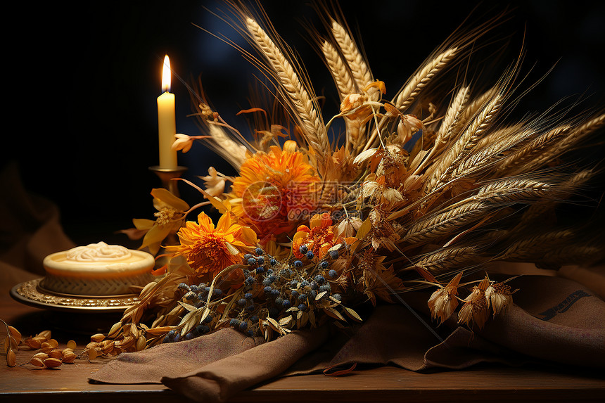被鲜花环绕的麦束图片