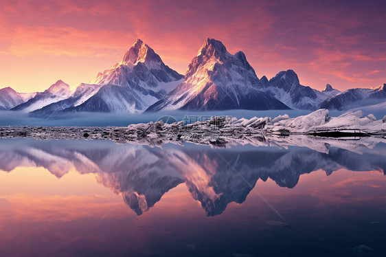 夕阳照耀下的雪山图片