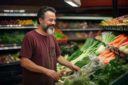 中年男子在超市选择蔬菜背景图片