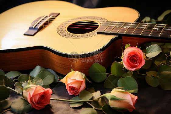 玫瑰与吉他的音乐艺术图片