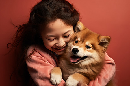 抱着可爱小狗的女孩高清图片