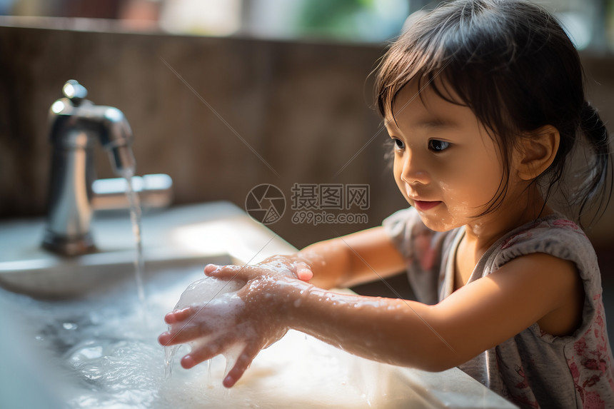 在水槽洗手的女孩图片