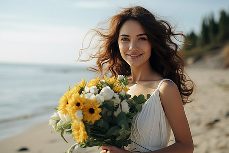 海滩上拿着花束的女性图片