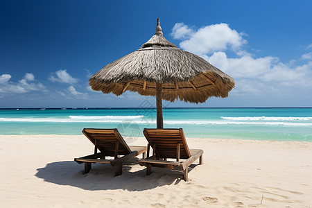 沙滩上的躺椅和遮阳伞图片