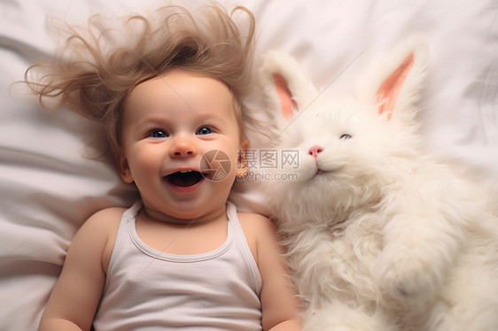 床上开心的婴儿图片