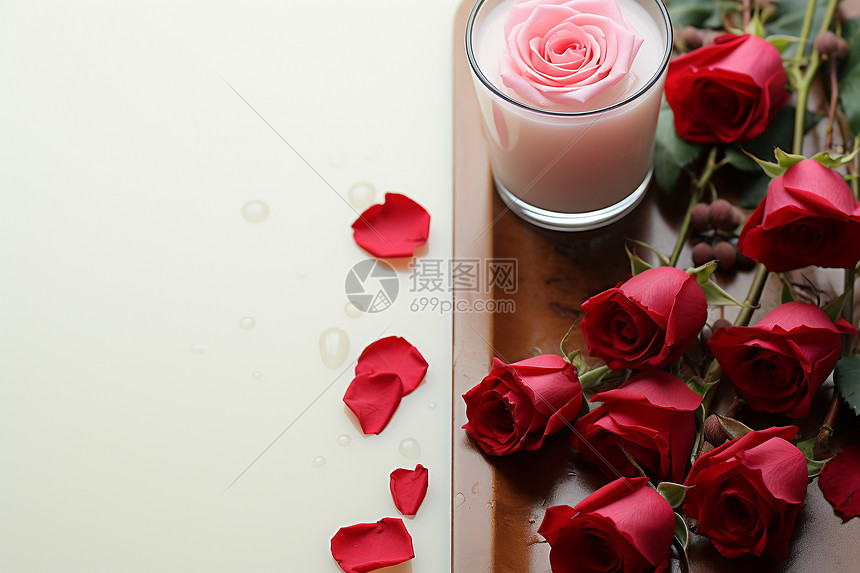 桌子上的与红玫瑰图片