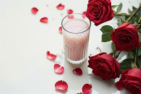 一杯牛奶与几朵红玫瑰图片