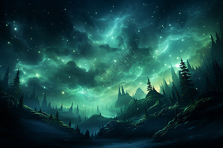夜下的景色墨绿色下的森林插画