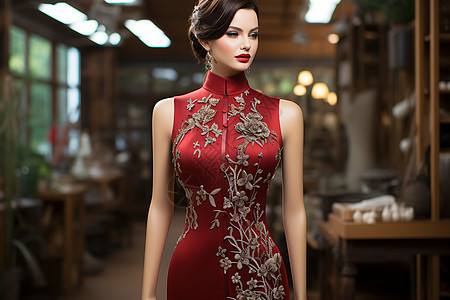 红色刺绣旗袍图片