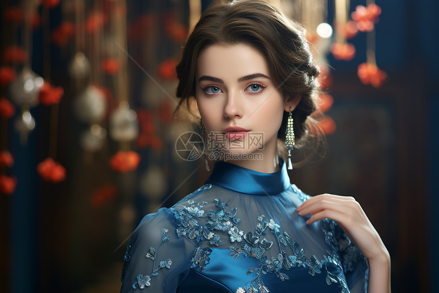 蓝色的优雅旗袍图片