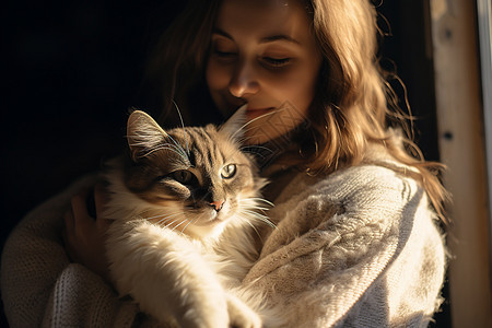 女人抱着猫咪站在窗户边背景图片