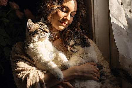 女士怀抱两只猫咪图片