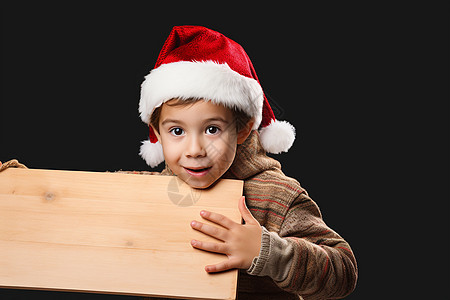 戴着圣诞帽的男孩手持一块木牌子图片