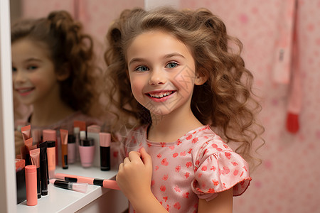 可爱女孩在镜子前学习化妆图片