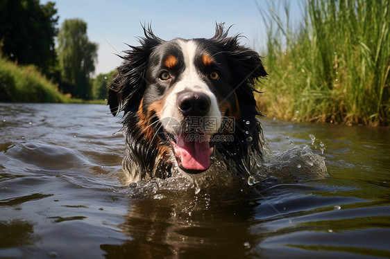 河里游泳的宠物狗图片