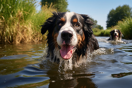 可爱狗狗在河里图片