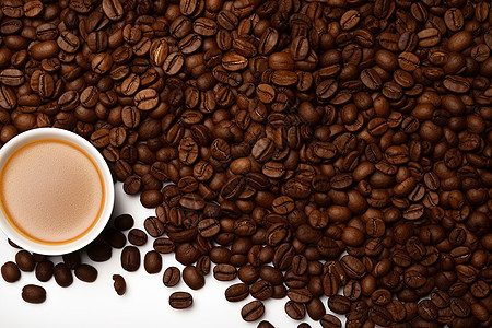 咖啡豆堆旁的一杯咖啡图片