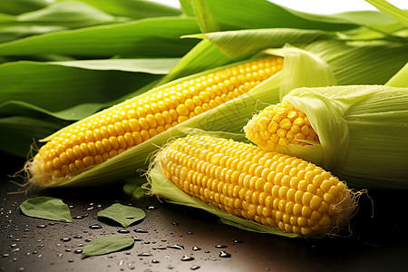 食物合成一张水珠滴在绿叶上的玉米玉米棒特写背景