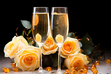 黄色香槟玫瑰庆祝节日的香槟酒背景