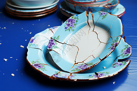 碎裂的蓝色瓷品盘子图片