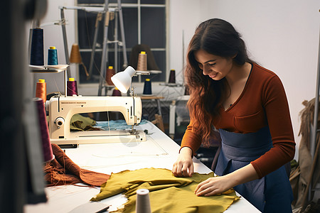 使用缝纫机制作衣物的女人高清图片