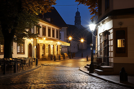 夜晚欧洲城市街道的夜景图片