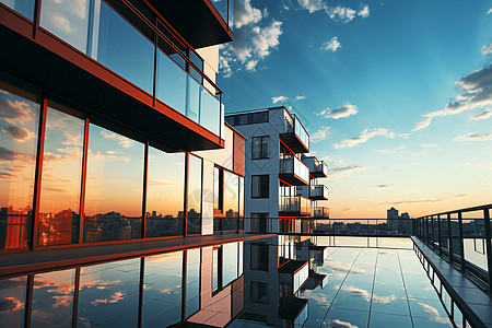 夕阳下的城市玻璃建筑背景图片