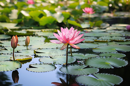 公园池塘中绽放的莲花背景图片