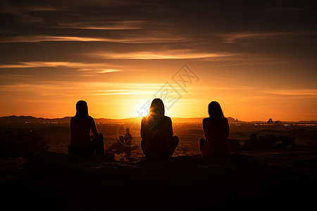夏季沙漠夕阳中的小伙伴们背景图片