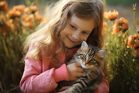 田园中抱着猫咪的小女孩图片